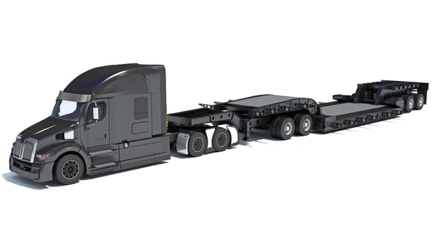 Semi Truck with Lowboy Platform Trailer 3D rendering model on white background