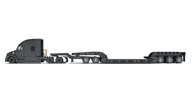 Semi Truck with Lowboy Platform Trailer 3D rendering model on white background