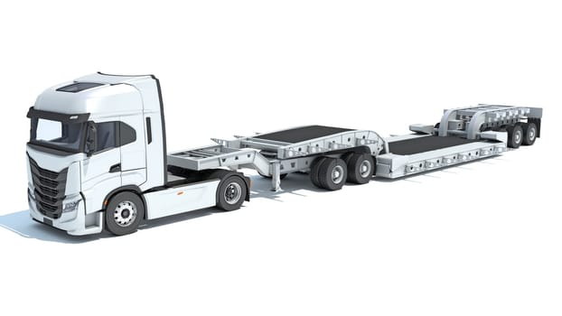 Semi Truck with Lowboy Platform Trailer 3D rendering model on white background