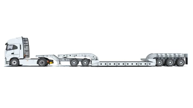 Semi Truck with Lowboy Platform Trailer 3D rendering model on white background