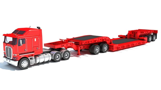 Semi Truck with Lowboy Platform Trailer 3D rendering model on white background