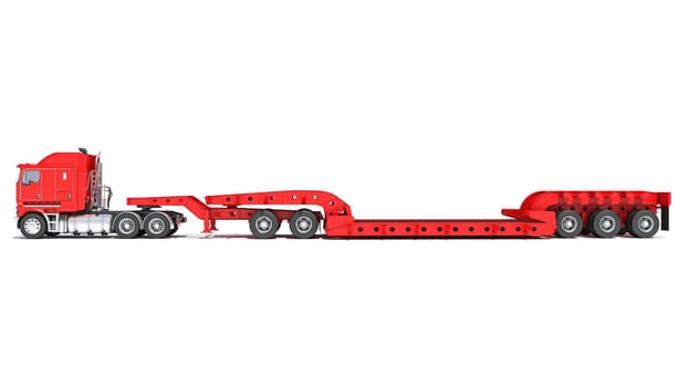 Semi Truck with Lowboy Platform Trailer 3D rendering model on white background