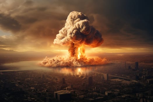 Nuclear explosion over the city. Concept of nuclear war or nuclear strike