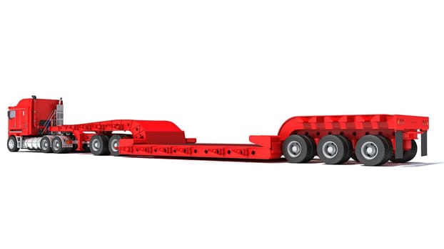 Semi Truck with Lowboy Platform Trailer 3D rendering model on white background