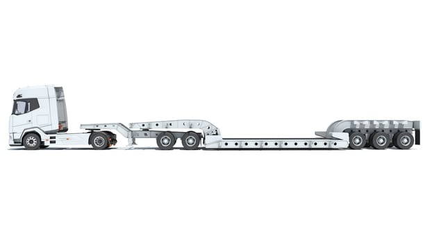 Semi Truck with Lowboy Platform Trailer 3D rendering model on white background