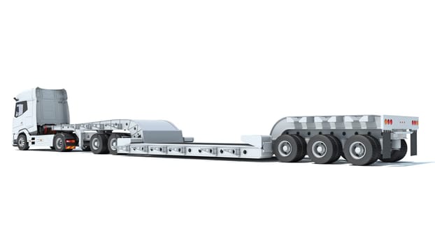 Semi Truck with Lowboy Platform Trailer 3D rendering model on white background