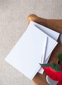 blank books for mockup design with pen and poinsettia plant