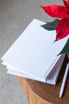 blank books for mockup design with pen and poinsettia plant