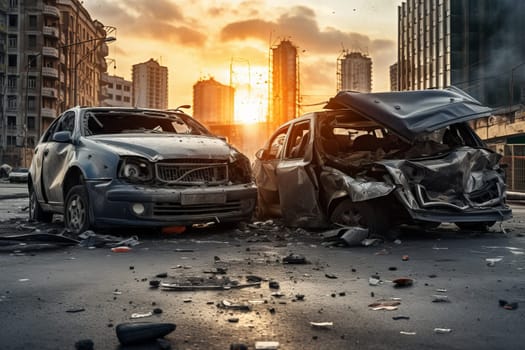 Two cars crashed on road in the ruined city. Post-apocalyptic concept of the end of the world or war and destruction