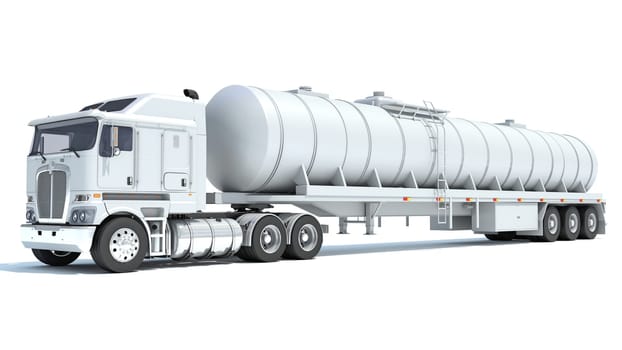 Heavy truck with tank trailer 3D rendering model on white background