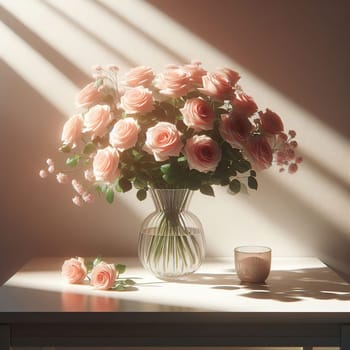 Bouquet of roses on the table with light from the window. High quality illustration