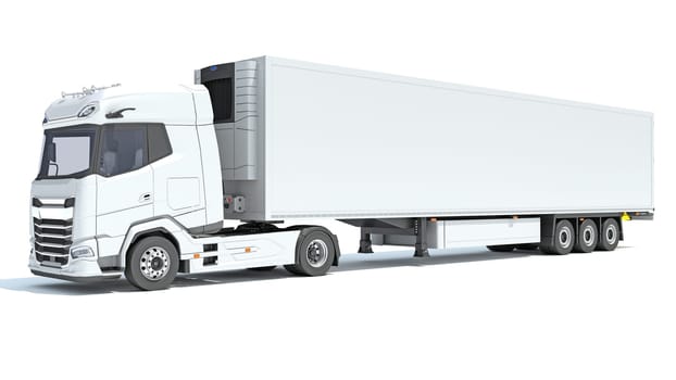 Truck with Reefer Refrigerator Trailer 3D rendering model on white background