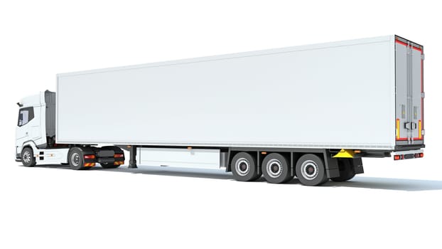 Truck with Reefer Refrigerator Trailer 3D rendering model on white background