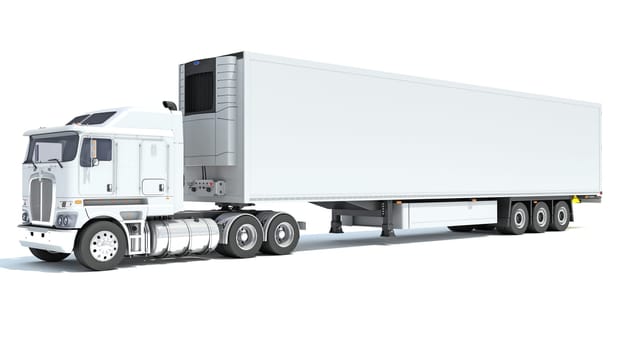 Truck with Reefer Refrigerator Trailer 3D rendering model on white background