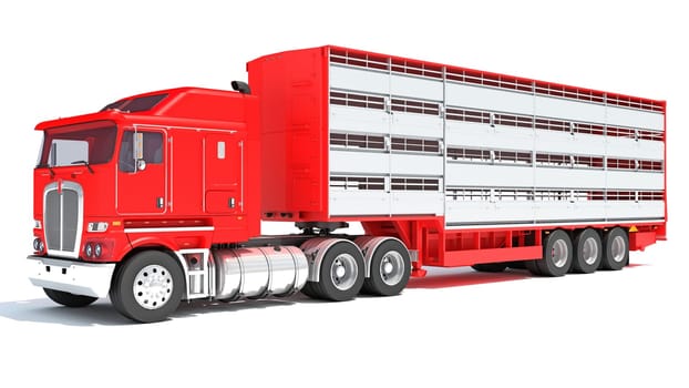 Truck with Cattle Animal Transporter Trailer 3D rendering model on white background