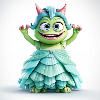 Happy green stylish monster in blue dress, standing on a white background.