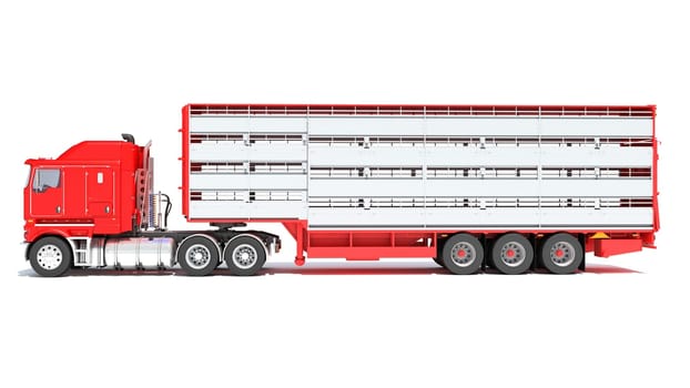 Truck with Cattle Animal Transporter Trailer 3D rendering model on white background