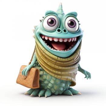 Happy stylish monster in blue, holding a clutch bag, standing on a white background.