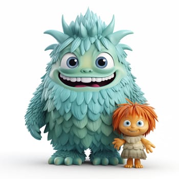 A blue happy monster and a red-haired girl stand isolated on a white background.
