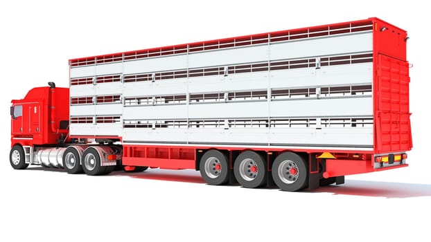 Truck with Cattle Animal Transporter Trailer 3D rendering model on white background