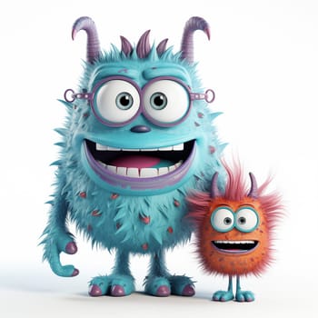 Two happy monsters, father and baby, stand isolated on a white background.