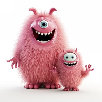 Two happy fluffy cute monsters, mom and baby, stand isolated on a white background.