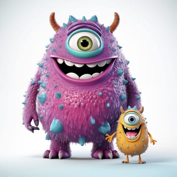 big violet monster and yellow baby monster stand isolated on a white background.