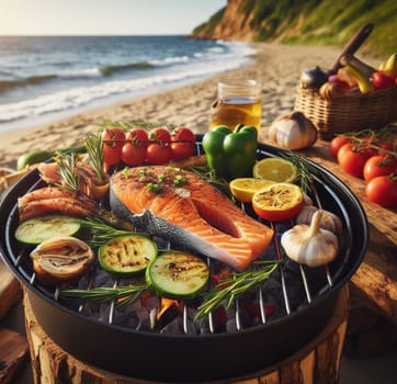 grilled wild salmon with steamed vegetables lunch menu ketogenic healthy eating ai generated