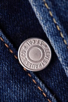 Close up of the details of new LEVI'S 501 Jeans. Seams and button fly close-up. Classic jeans model. LEVI'S is a brand name of Levi Strauss and Co, founded in 1853. 31.12.2021, Rostov, Russia.