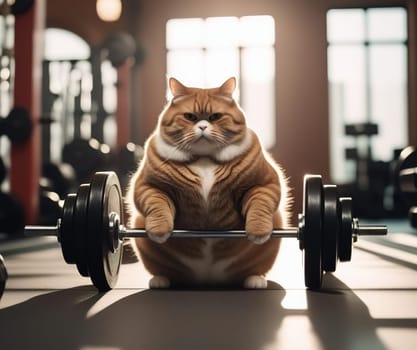 A fat cat is working out with a barbell in the gym. High quality illustration