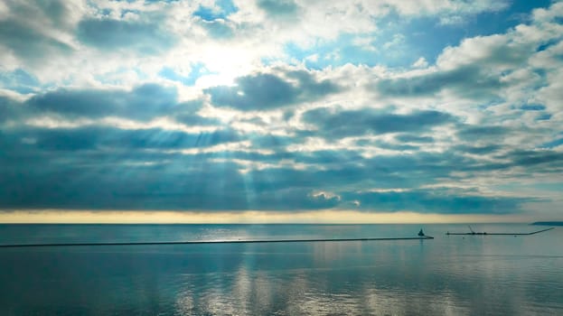 Golden Hour Glow Over Tranquil Lake Michigan, Captured by Drone in Milwaukee, 2023