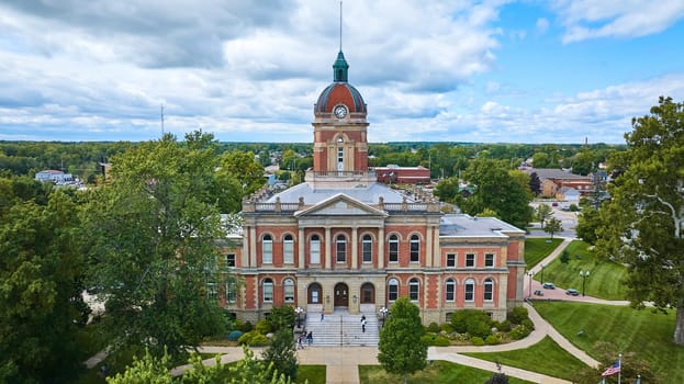 Aerial View of Historic Elkhart County Courthouse in Goshen, Indiana - Symbol of Justice in Small Town America