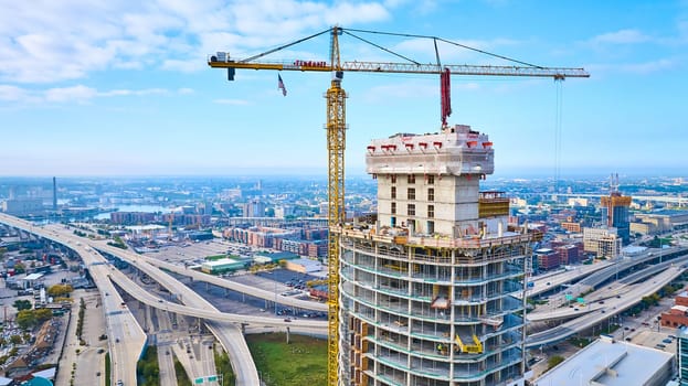 Aerial View of Skyscraper Construction in Milwaukee, Wisconsin, Captured by DJI Mavic 3 Drone in 2023, Symbolizing Urban Development and Progress