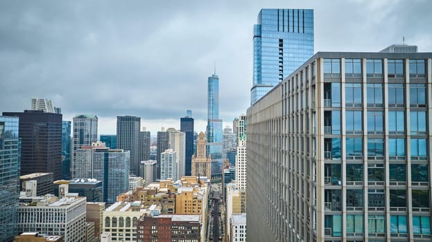 Image of Aerial big city skyscraper buildings downtown Chicago, travel and tourism to Trump Tower, daytime