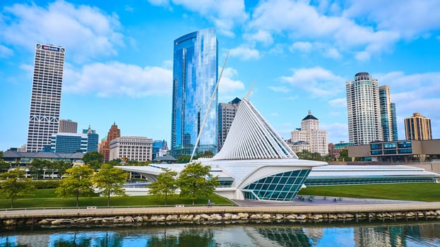 Futuristic Art Museum at Milwaukee Waterfront, Reflective Skyscraper and Vibrant Cityscape, Aerial Drone View