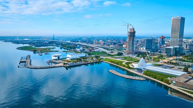 Aerial View of Modern Milwaukee Showcasing Lake Michigan Waterfront, Quadracci Pavilion, and Skyline Development