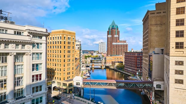 Aerial View of Milwaukee, Wisconsin with Historic and Modern Architectures, and River Cutting through Downtown, Captured by DJI Mavic 3 Drone in 2023