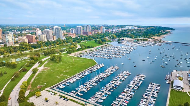 Aerial View of Vibrant Milwaukee Marina and Cityscape, Lake Michigan