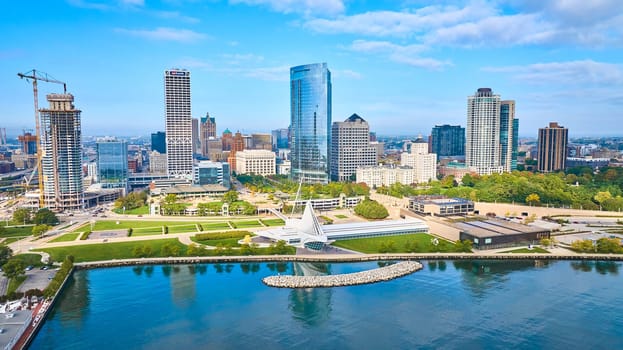 Aerial View of Milwaukee's Vibrant Skyline with Iconic Quadracci Pavilion and Lake Michigan, Displaying Urban Growth and Architectural Diversity, 2023