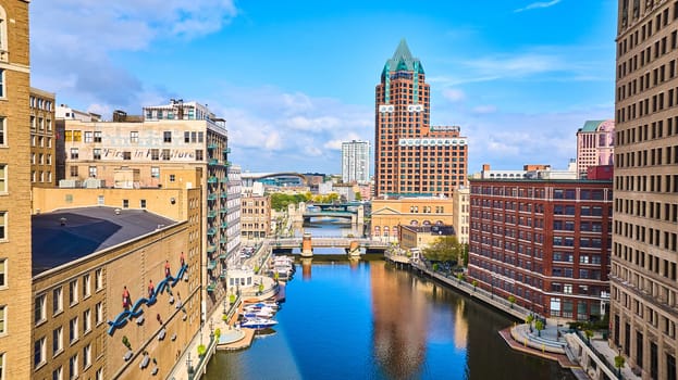 Aerial View of Vibrant Milwaukee Cityscape with Scenic River and Eclectic Architecture, 2023