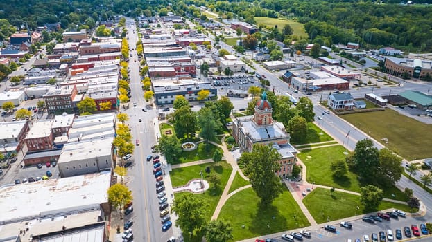 Aerial View of Historic Courthouse in Small Town Goshen, Indiana