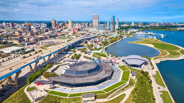 Aerial View of Vibrant Milwaukee Cityscape featuring Daniel W. Hoan Memorial Bridge and Lake Michigan Waterfront