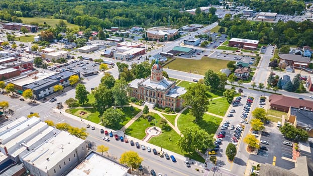 Aerial View of Historic Courthouse in Bustling Downtown Goshen, Indiana