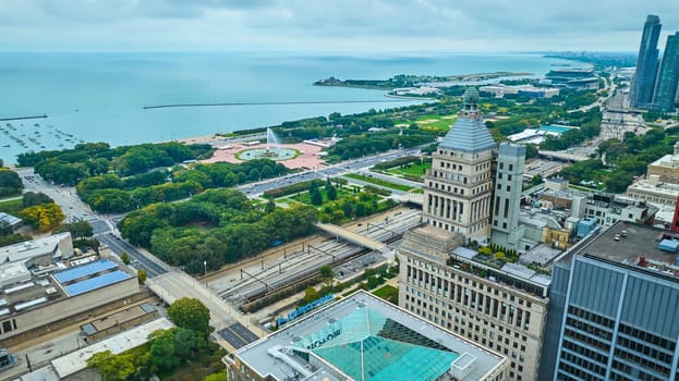 Image of Chicago aerial Lake Michigan with Millennium Park, Buckingham Fountain and Grant Park tourism travel