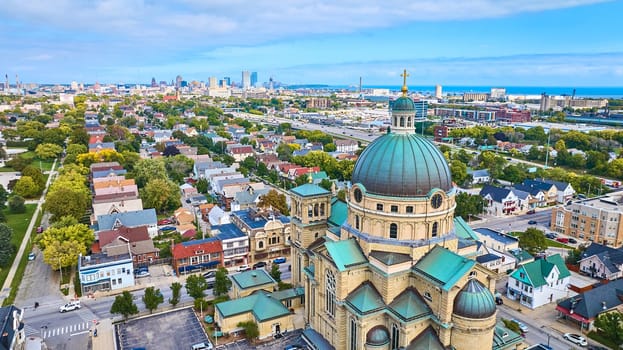 Aerial View of Milwaukee's Historical Basilica of St Josaphat, a Vibrant Urban Landscape, Captured by DJI Mavic 3 Drone