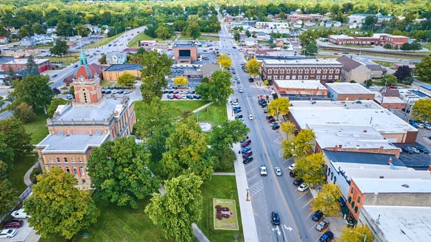 Aerial View of Historic Courthouse and Main Street at Dusk in Small Town Goshen, Indiana