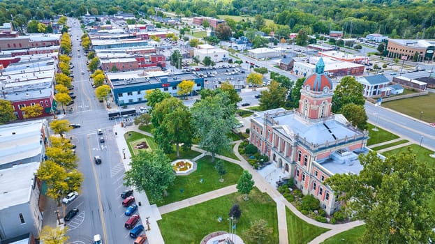 Aerial View of Historic Courthouse in Charming Small Town, Goshen, Indiana