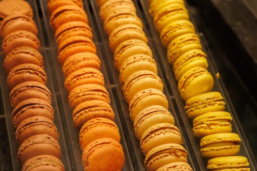 A colorful variety of macarons arranged on a white tray, presenting a range of delightful flavor choices