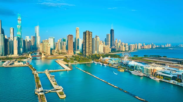 Image of Aerial Lake Michigan from Chicago, IL coastline with Navy Pier and city skyscrapers in summer