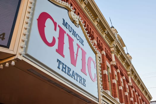 Muncie Civic Theatre Marquee and Detailed Architectural Brickwork, Vibrant Community Landmark in Downtown Indiana, 2023
